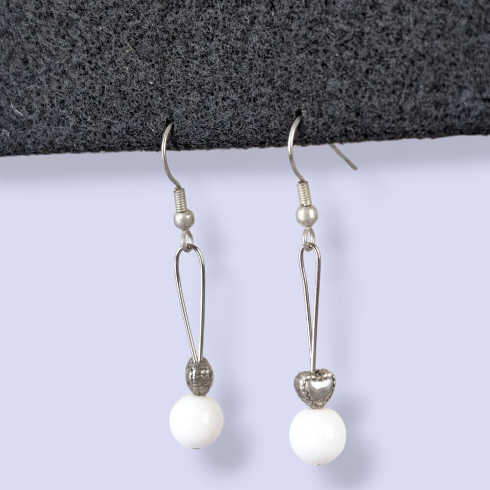 Dangling Heart & Milk Glass Earrings